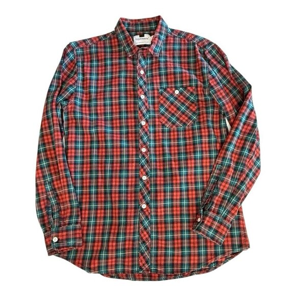 Topman Mens Flannel Plaid Button Up Shirt~Size Medium~Red Green Long Sleeve - Picture 3 of 7
